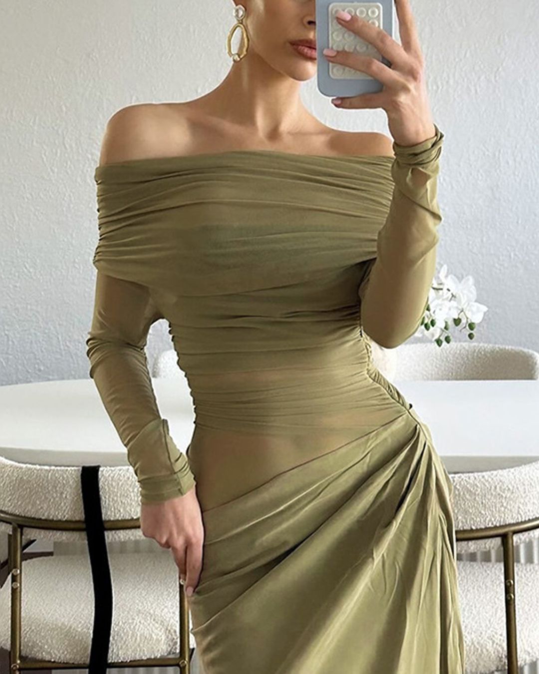 Vyla™ Elegant Long Sleeve Off Shoulder Ruched Sheer Mesh Dress