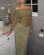 Vyla™ Elegant Long Sleeve Off Shoulder Ruched Sheer Mesh Dress