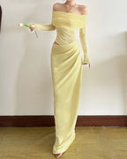 Vyla™ Elegant Long Sleeve Off Shoulder Ruched Sheer Mesh Dress