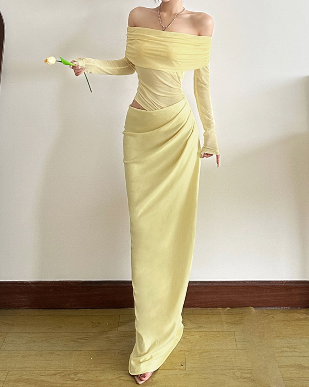 Vyla™ Elegant Long Sleeve Off Shoulder Ruched Sheer Mesh Dress