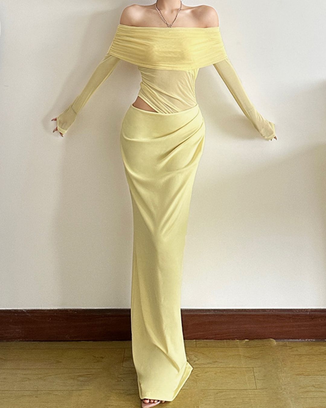 Vyla™ Elegant Long Sleeve Off Shoulder Ruched Sheer Mesh Dress