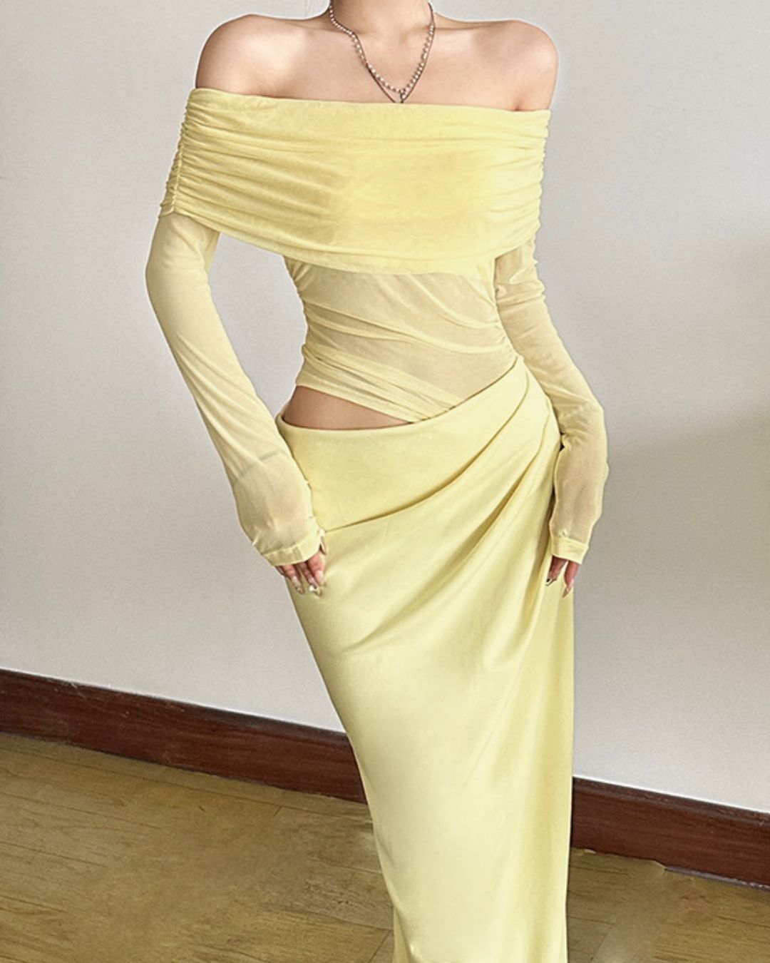 Vyla™ Elegant Long Sleeve Off Shoulder Ruched Sheer Mesh Dress