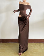 Vyla™ Elegant Long Sleeve Off Shoulder Ruched Sheer Mesh Dress