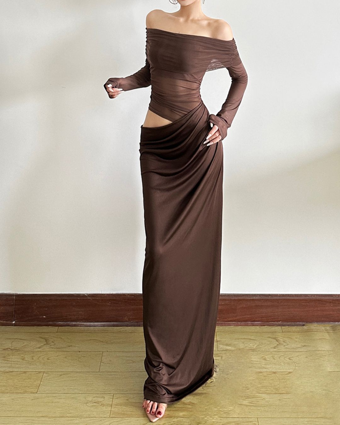 Vyla™ Elegant Long Sleeve Off Shoulder Ruched Sheer Mesh Dress