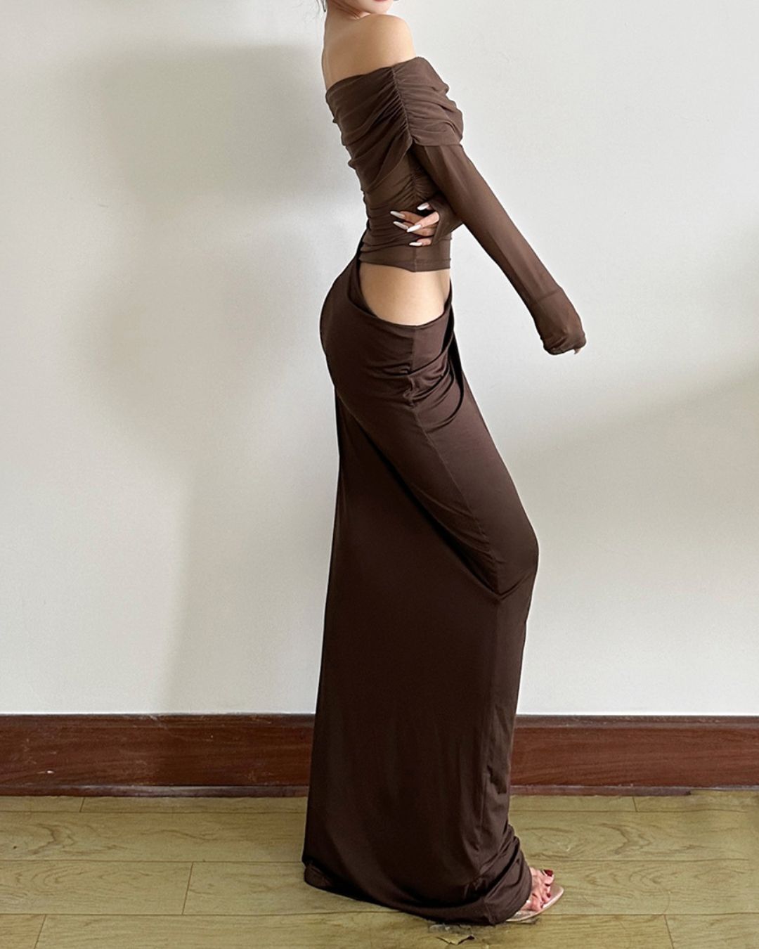 Vyla™ Elegant Long Sleeve Off Shoulder Ruched Sheer Mesh Dress