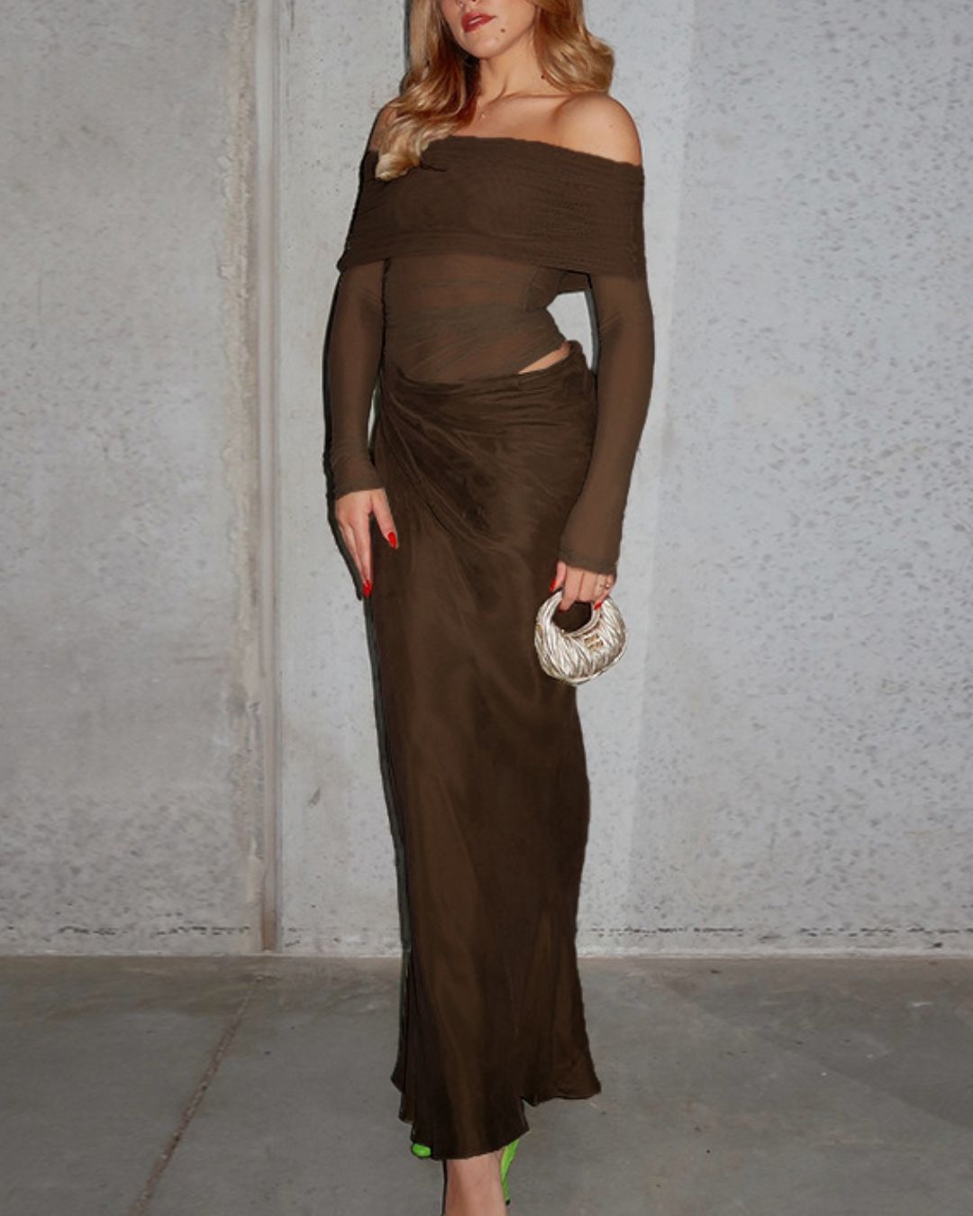 Vyla™ Elegant Long Sleeve Off Shoulder Ruched Sheer Mesh Dress