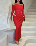 Vyla™ Elegant Long Sleeve Off Shoulder Ruched Sheer Mesh Dress
