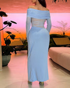 Vyla™ Elegant Long Sleeve Off Shoulder Ruched Sheer Mesh Dress