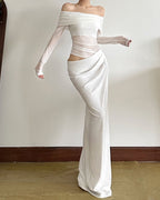 Vyla™ Elegant Long Sleeve Off Shoulder Ruched Sheer Mesh Dress
