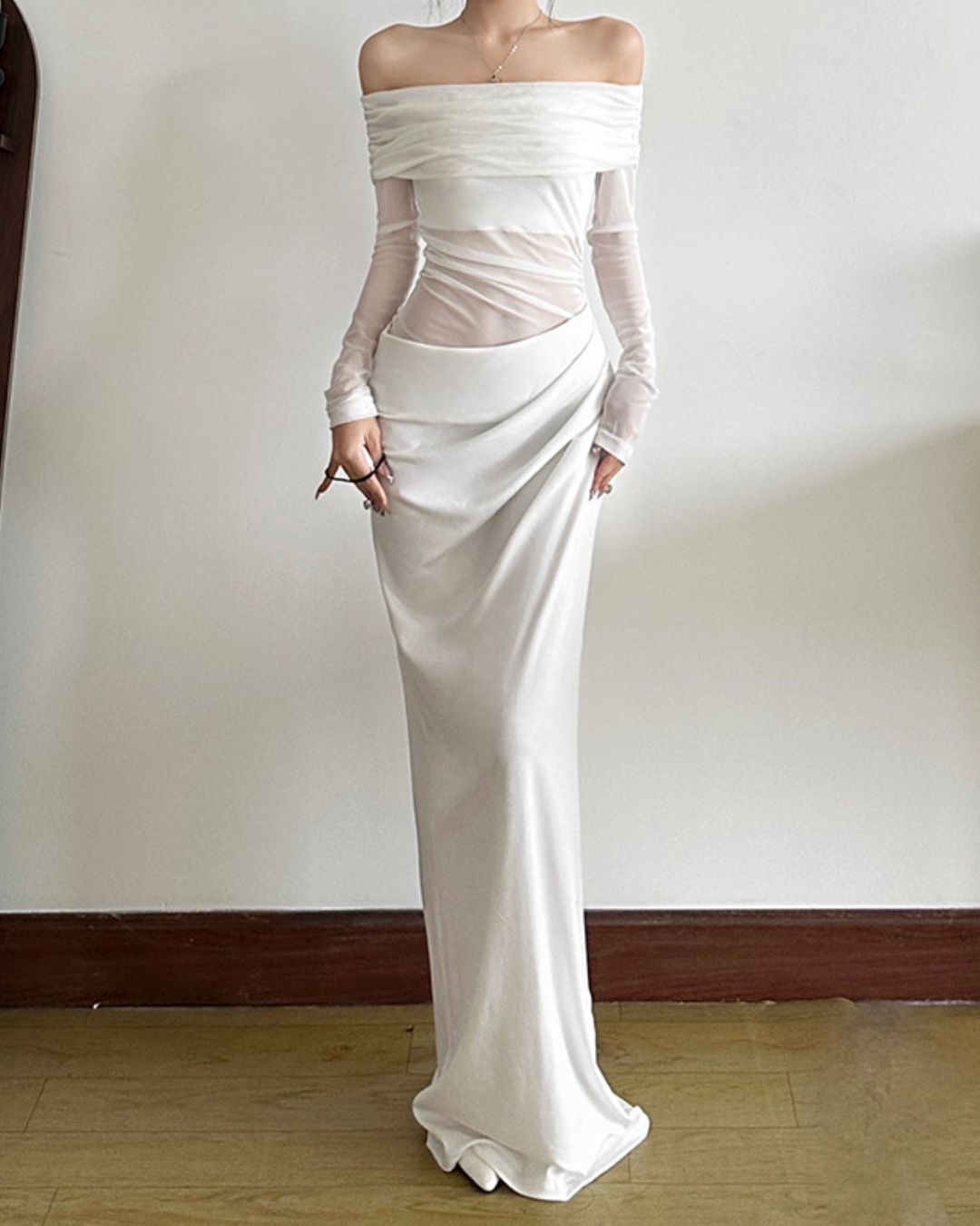Vyla™ Elegant Long Sleeve Off Shoulder Ruched Sheer Mesh Dress