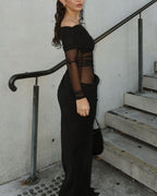 Vyla™ Elegant Long Sleeve Off Shoulder Ruched Sheer Mesh Dress