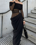 Vyla™ Elegant Long Sleeve Off Shoulder Ruched Sheer Mesh Dress