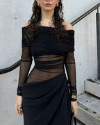 Vyla™ Elegant Long Sleeve Off Shoulder Ruched Sheer Mesh Dress