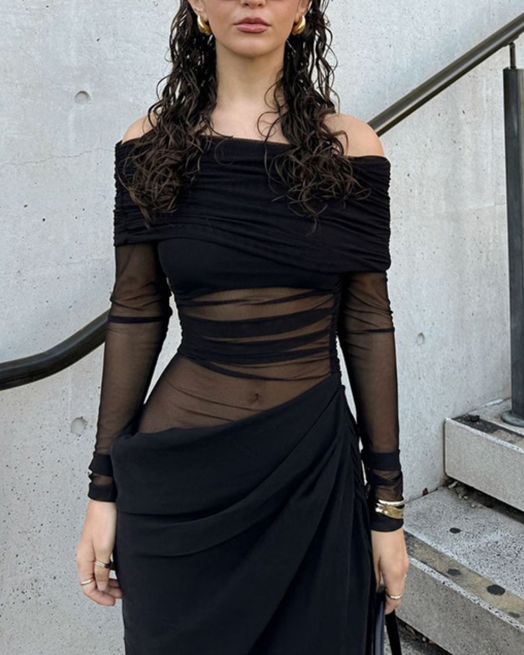 Vyla™ Elegant Long Sleeve Off Shoulder Ruched Sheer Mesh Dress