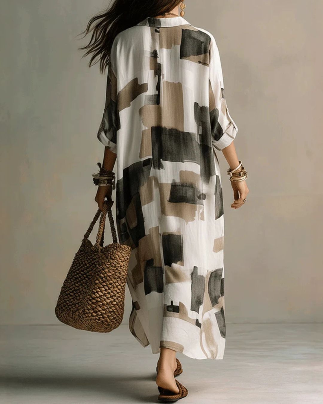 Vyla™ Boho Abstract Print Button-Front Maxi Dress