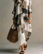 Vyla™ Boho Abstract Print Button-Front Maxi Dress