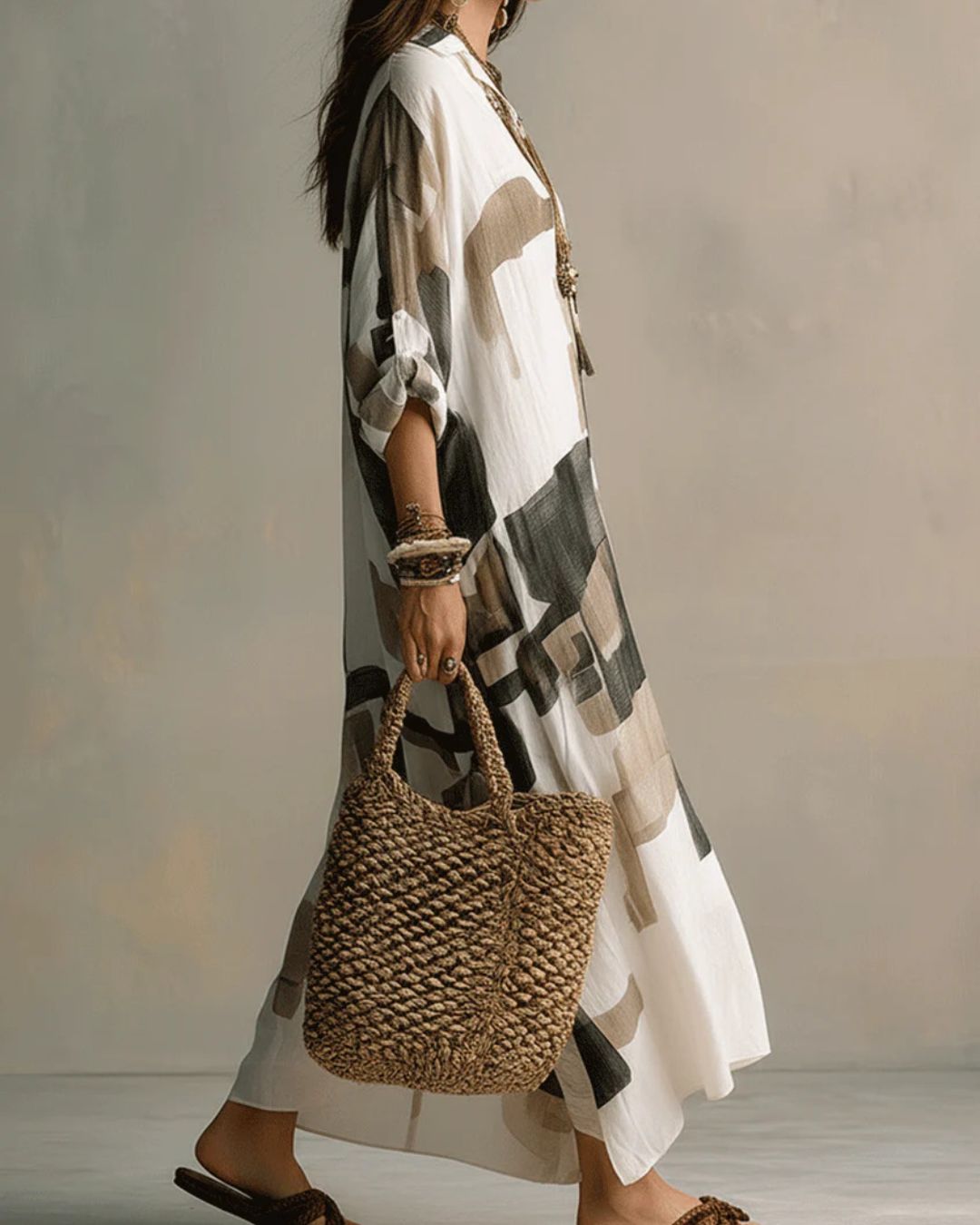 Vyla™ Boho Abstract Print Button-Front Maxi Dress