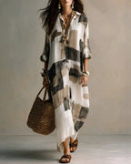 Vyla™ Boho Abstract Print Button-Front Maxi Dress