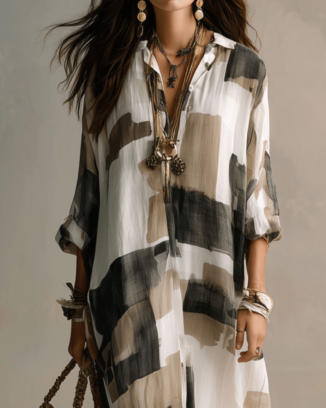 Vyla™ Boho Abstract Print Button-Front Maxi Dress