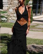 Vyla™ Plunge Halter Neck Crop Top & Ruched Skirt Two-piece Set