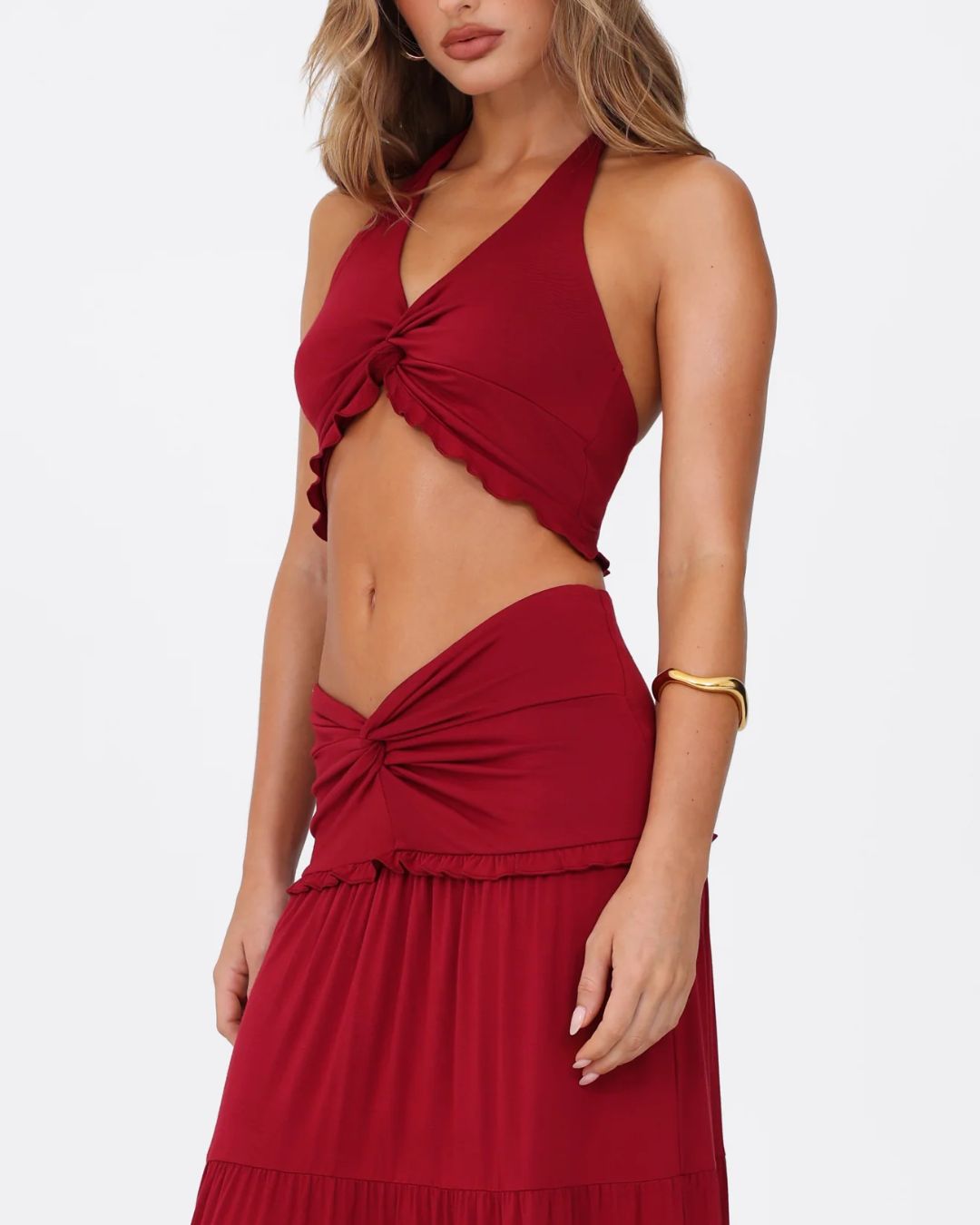 Vyla™ Plunge Halter Neck Crop Top & Ruched Skirt Two-piece Set