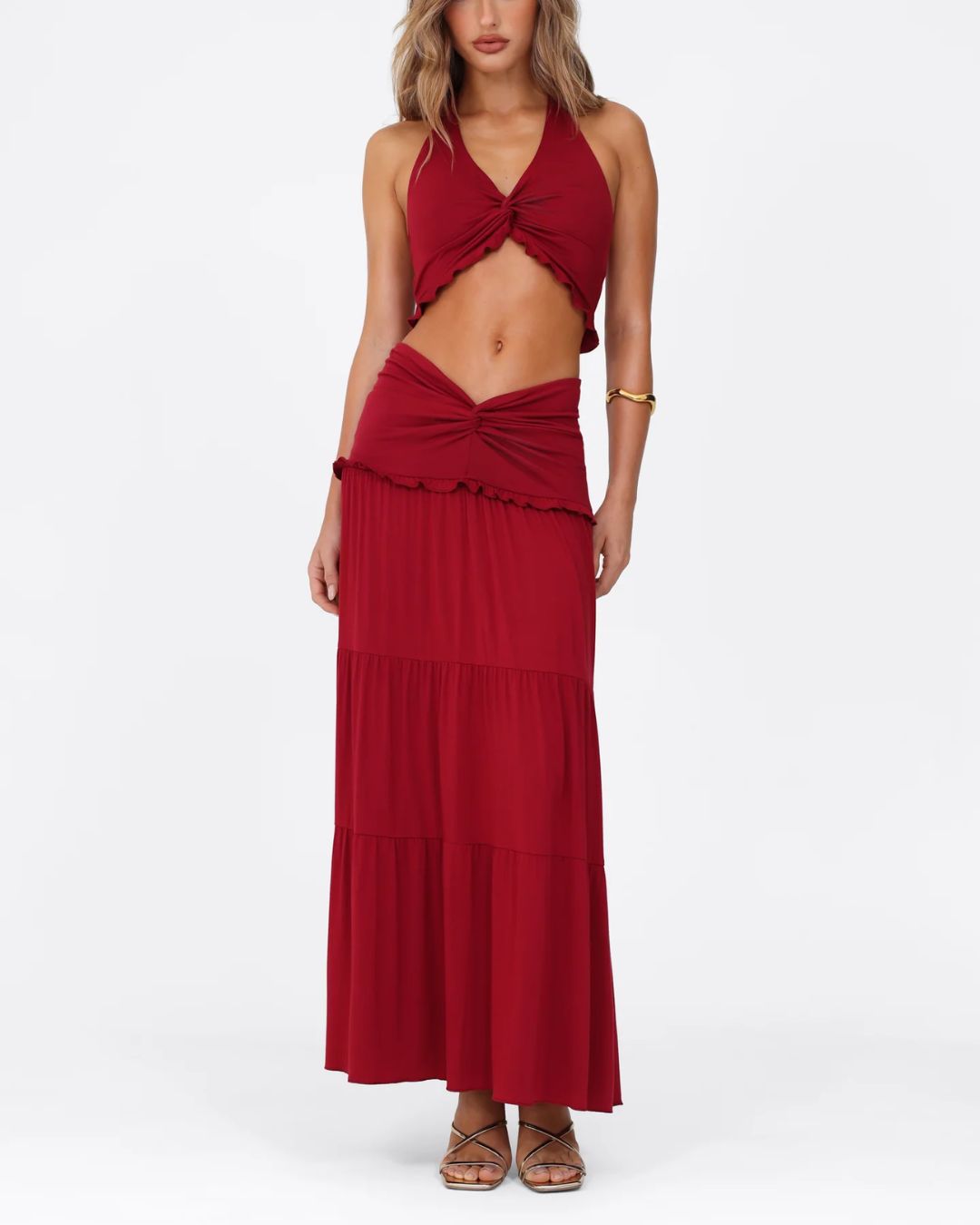 Vyla™ Plunge Halter Neck Crop Top & Ruched Skirt Two-piece Set