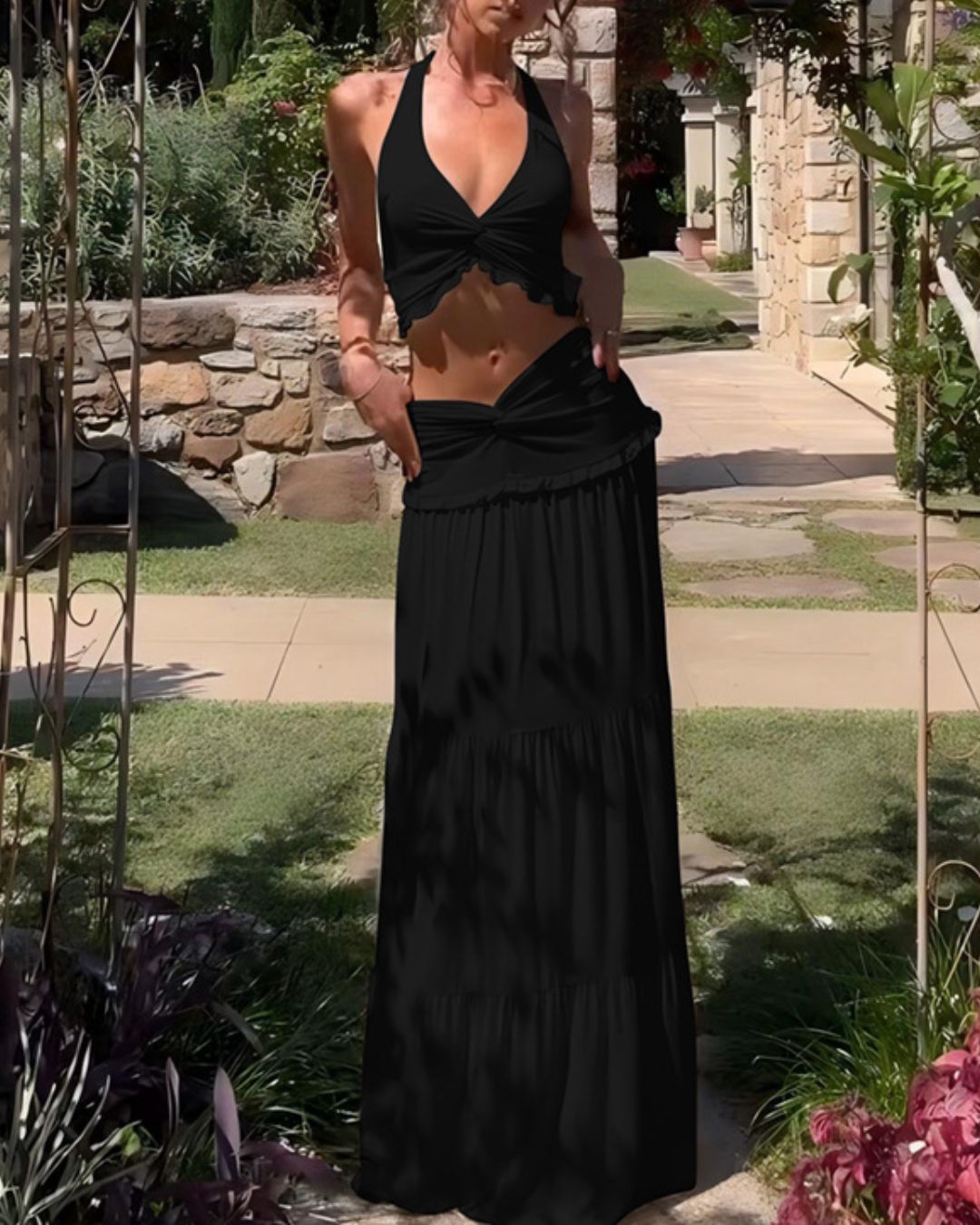 Vyla™ Plunge Halter Neck Crop Top & Ruched Skirt Two-piece Set