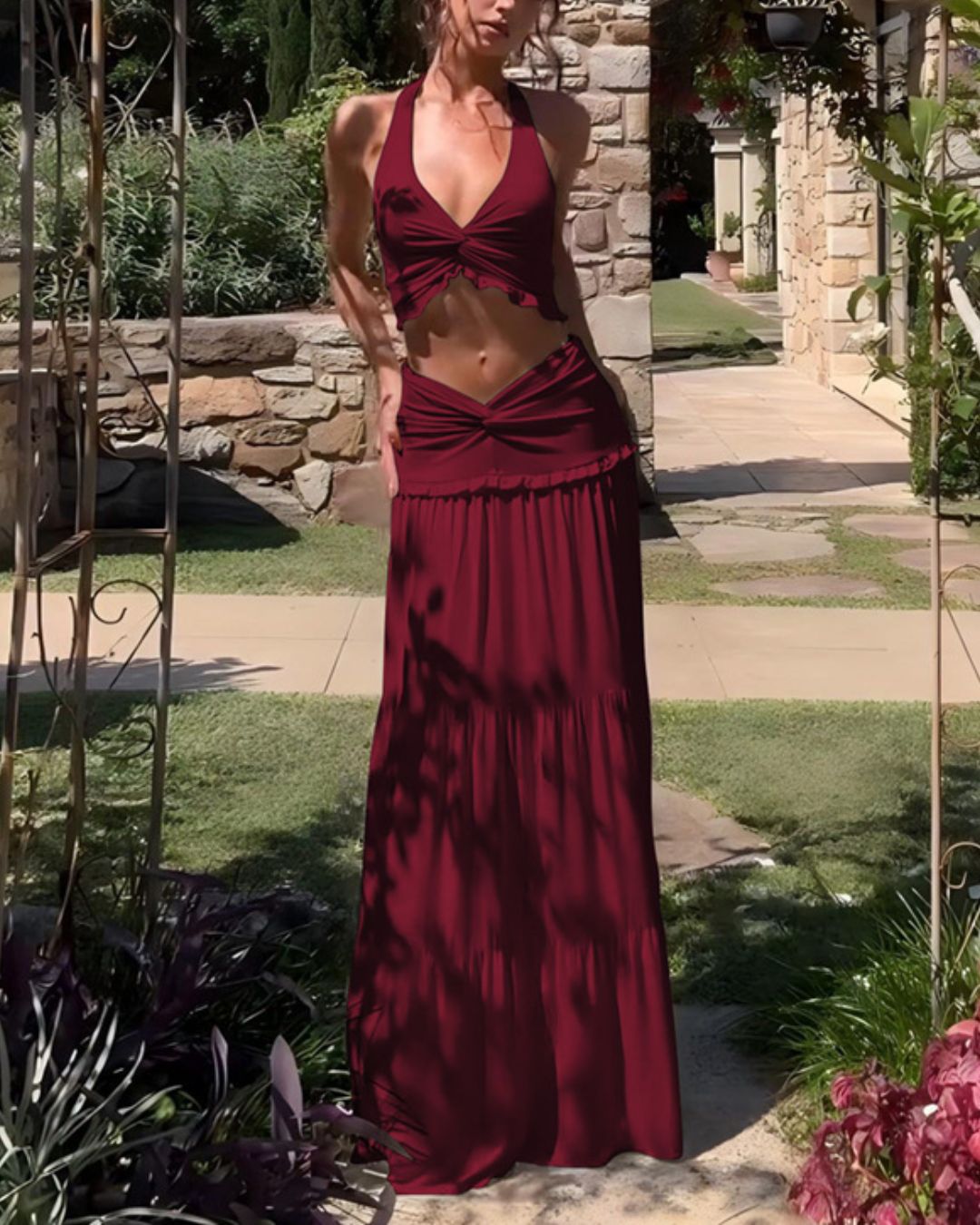 Vyla™ Plunge Halter Neck Crop Top & Ruched Skirt Two-piece Set