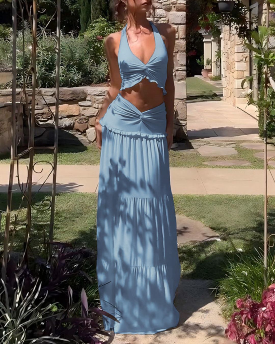 Vyla™ Plunge Halter Neck Crop Top & Ruched Skirt Two-piece Set