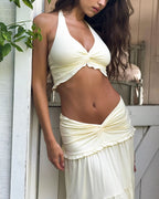 Vyla™ Plunge Halter Neck Crop Top & Ruched Skirt Two-piece Set