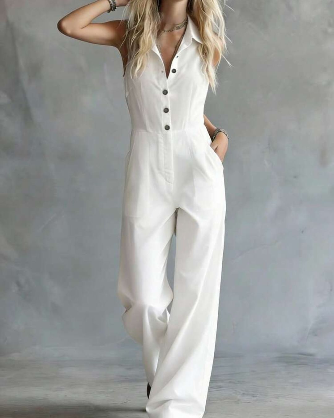 Vyla™ Sleeveless Shirt-Style Long Jumpsuit
