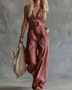 Vyla™ Sleeveless Shirt-Style Long Jumpsuit
