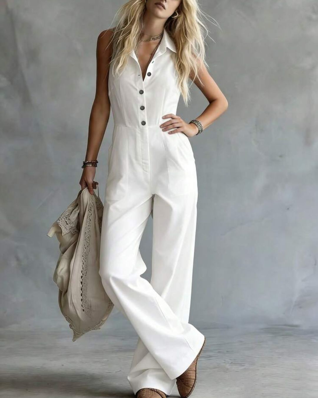 Vyla™ Sleeveless Shirt-Style Long Jumpsuit
