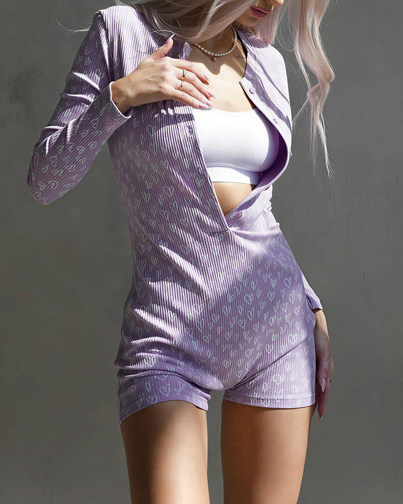 Vyla™ Heart Print Button Up Round Neckline Onesie