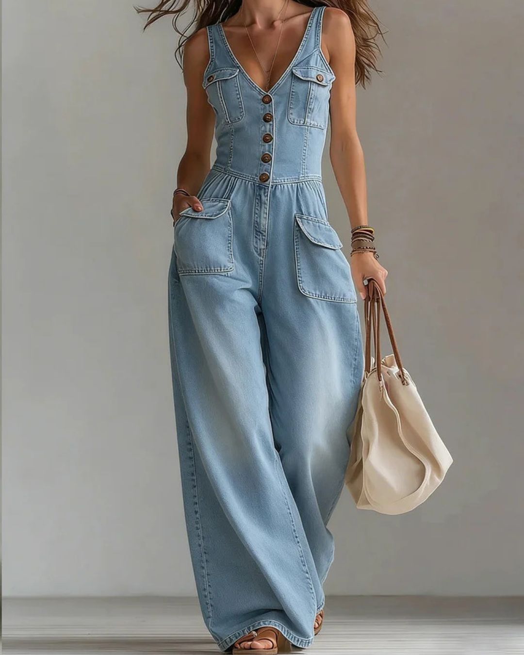 Vyla™ Washed Denim Loose-Fit Sleeveless Jumpsuit with Straps