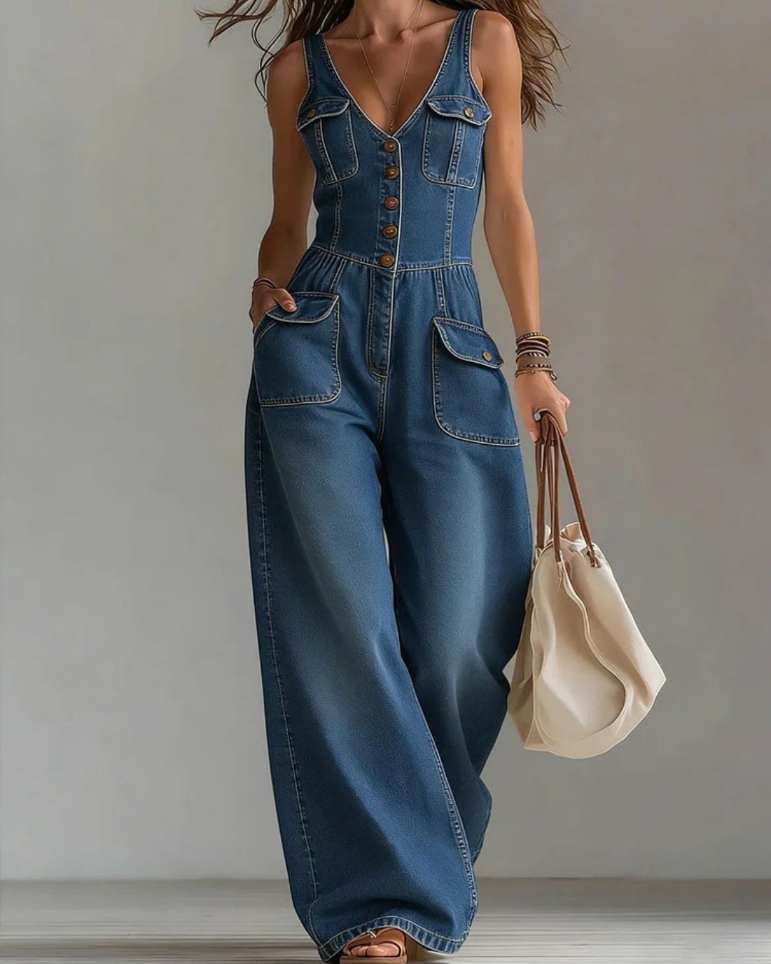 Vyla™ Washed Denim Loose-Fit Sleeveless Jumpsuit with Straps