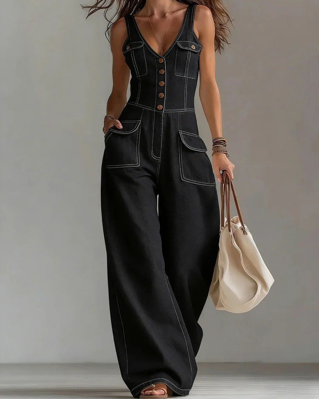 Vyla™ Washed Denim Loose-Fit Sleeveless Jumpsuit with Straps