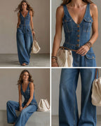 Vyla™ Washed Denim Loose-Fit Sleeveless Jumpsuit with Straps