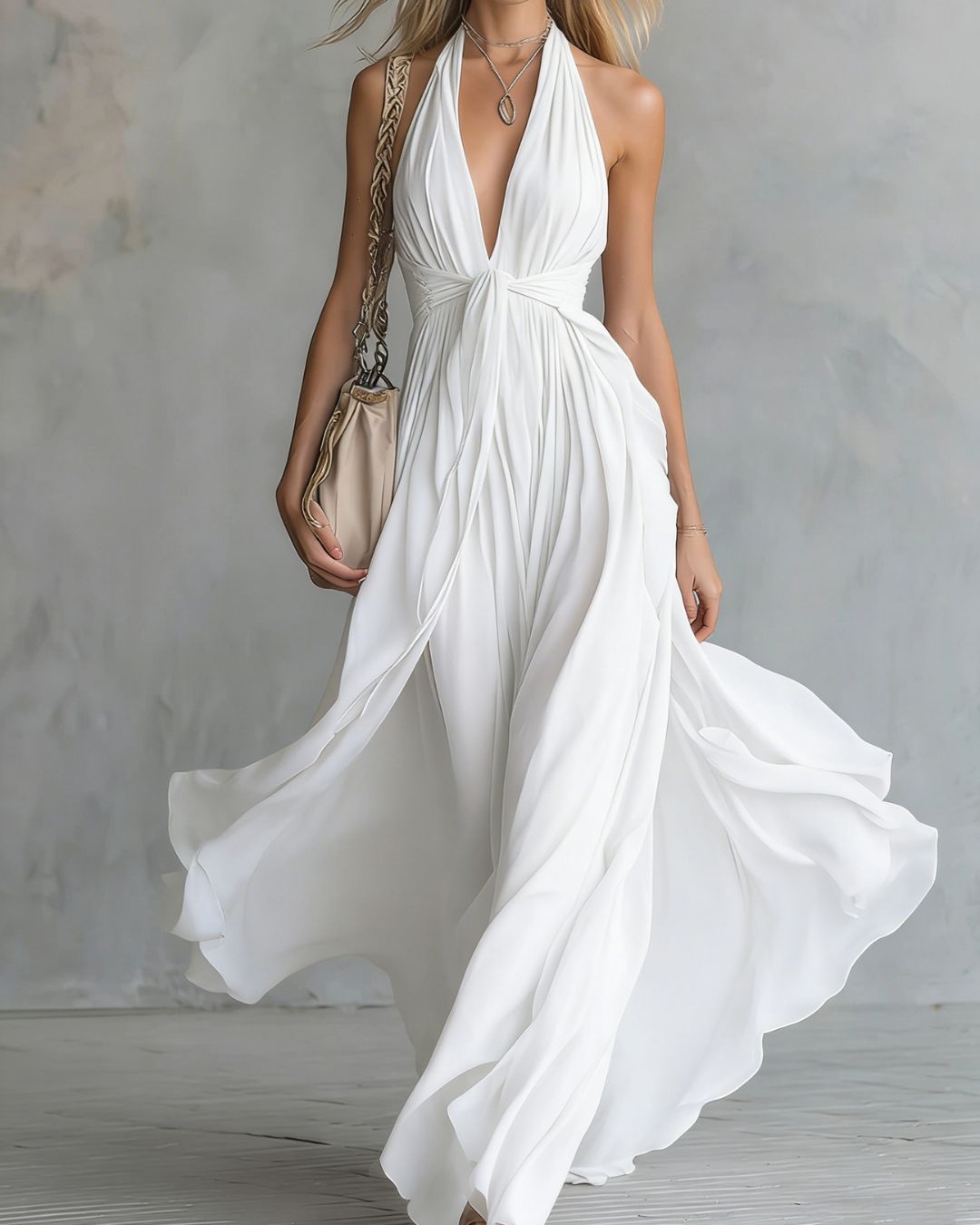 Vyla™ Deep V Halter Maxi Dress Cinched Waist Flowing Skirt Elegant Evening & Vacation Dress
