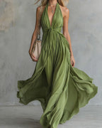Vyla™ Deep V Halter Maxi Dress Cinched Waist Flowing Skirt Elegant Evening & Vacation Dress