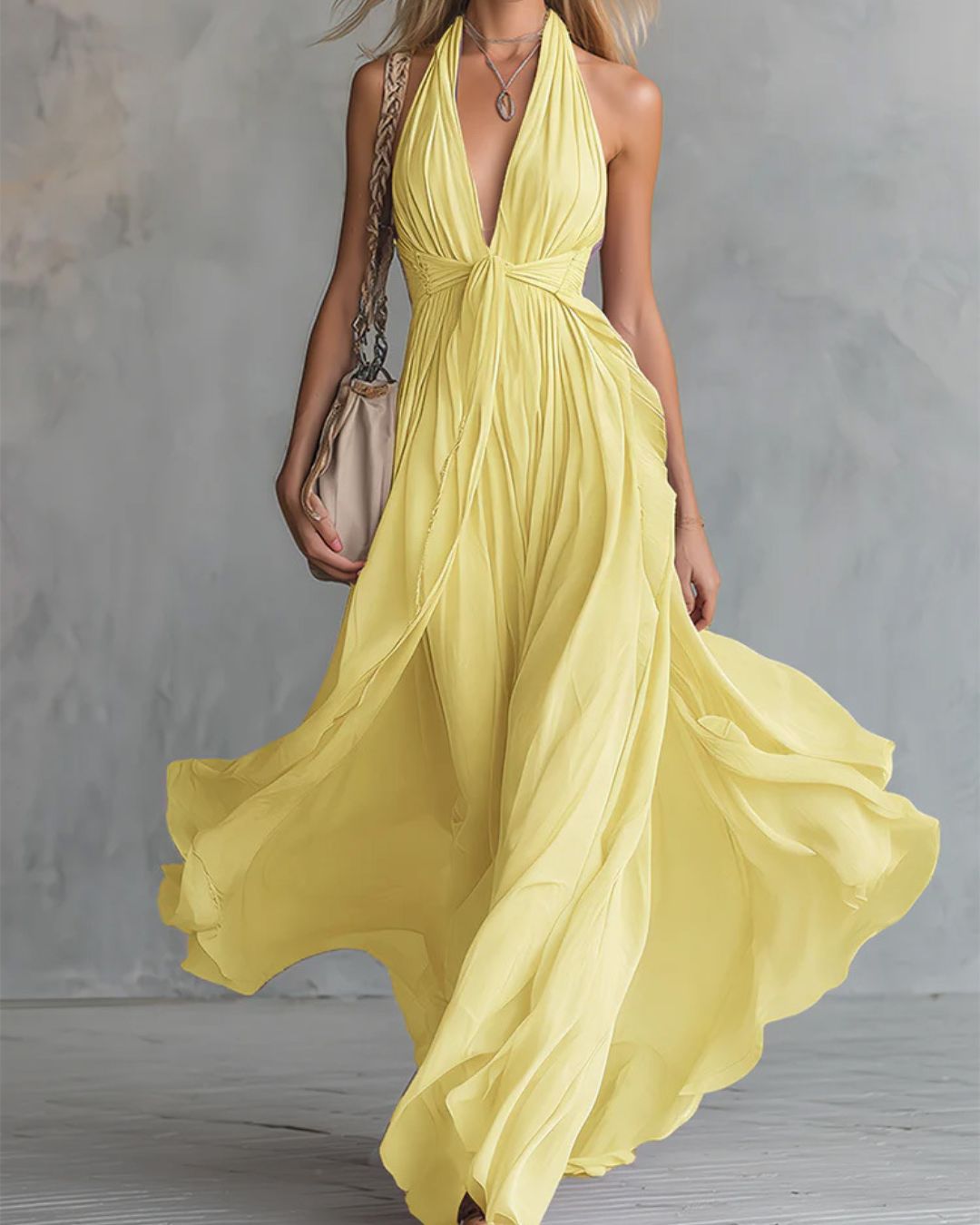 Vyla™ Deep V Halter Maxi Dress Cinched Waist Flowing Skirt Elegant Evening & Vacation Dress