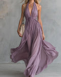 Vyla™ Deep V Halter Maxi Dress Cinched Waist Flowing Skirt Elegant Evening & Vacation Dress