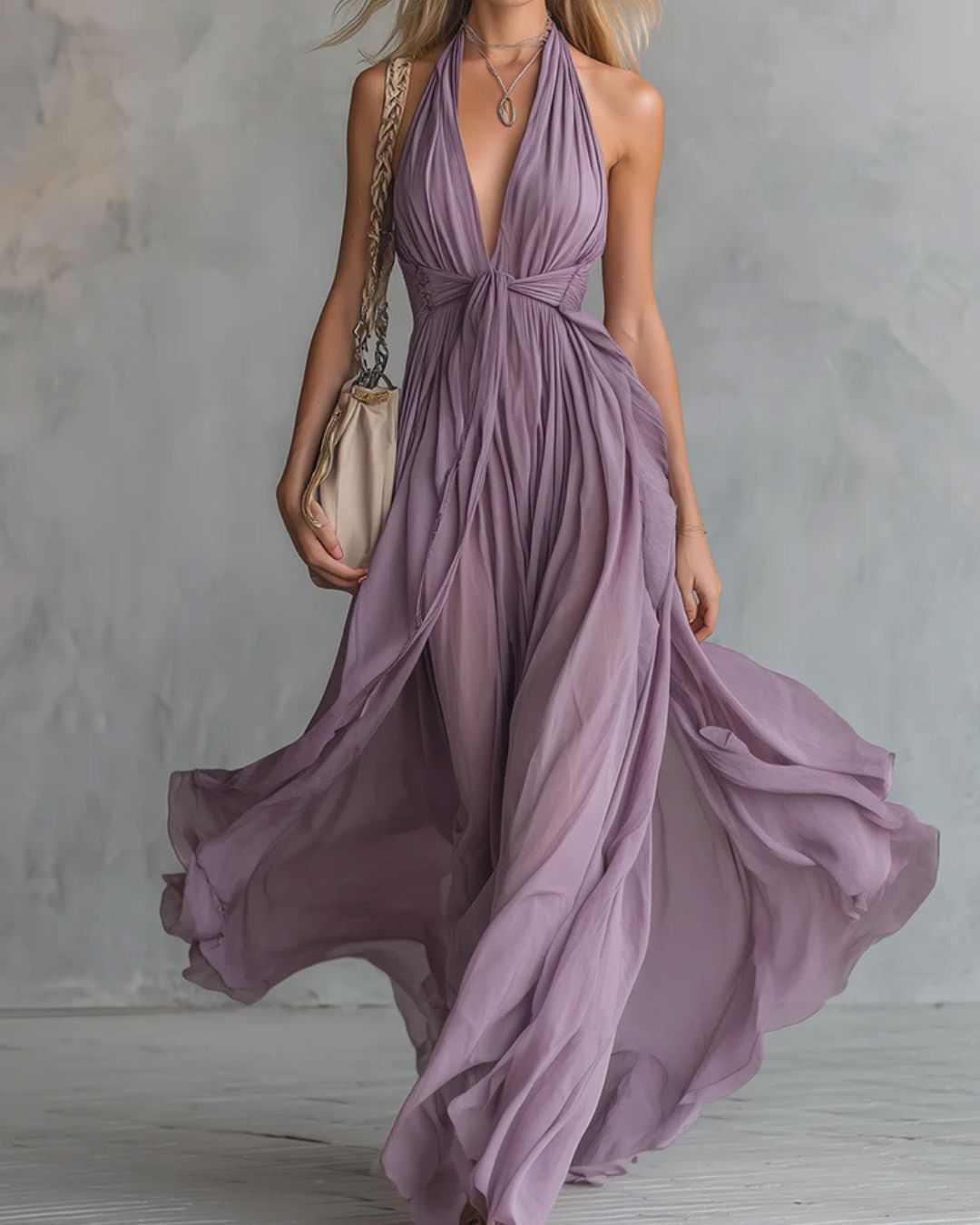 Vyla™ Deep V Halter Maxi Dress Cinched Waist Flowing Skirt Elegant Evening & Vacation Dress