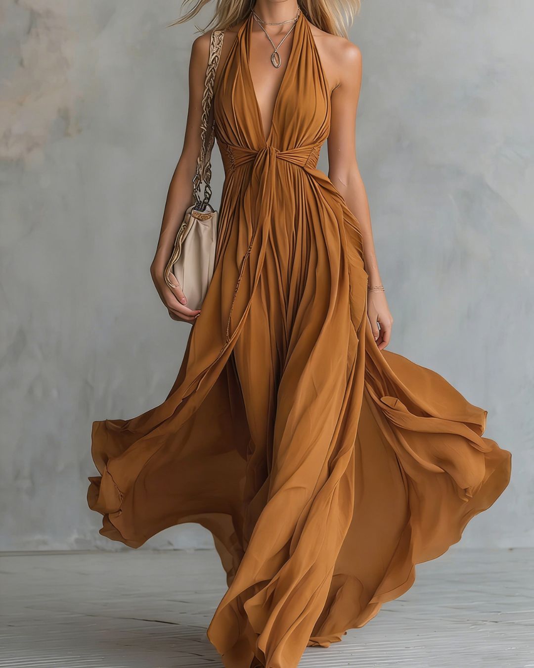 Vyla™ Deep V Halter Maxi Dress Cinched Waist Flowing Skirt Elegant Evening & Vacation Dress