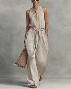 Vyla™ Deep V Halter Jumpsuit Adjustable Tie Waist Wide Leg Boho Resort Outfit