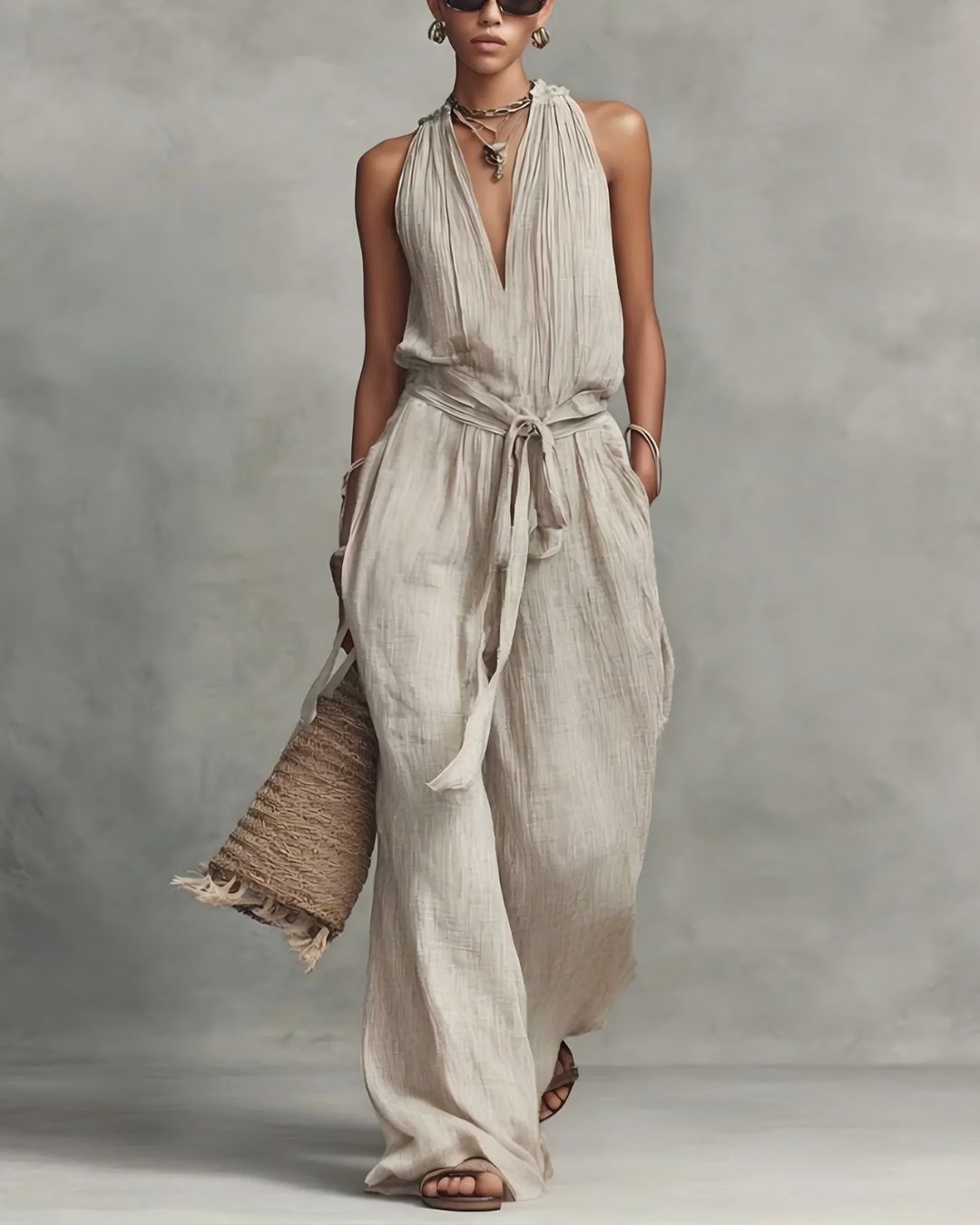 Vyla™ Deep V Halter Jumpsuit Adjustable Tie Waist Wide Leg Boho Resort Outfit