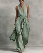 Vyla™ Deep V Halter Jumpsuit Adjustable Tie Waist Wide Leg Boho Resort Outfit
