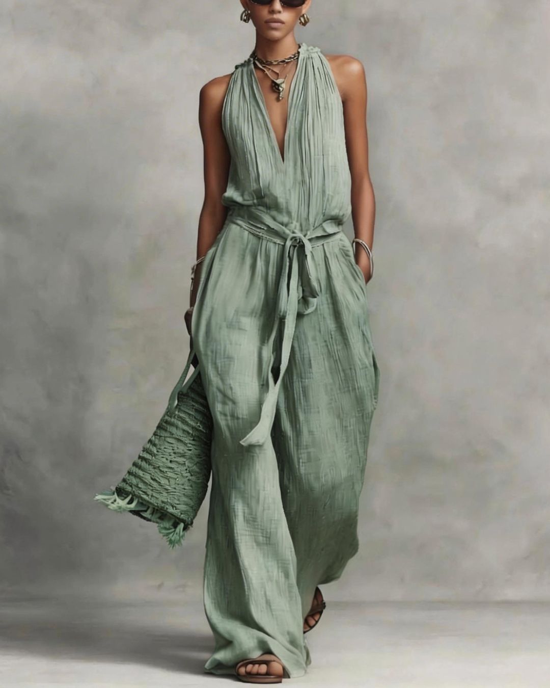 Vyla™ Deep V Halter Jumpsuit Adjustable Tie Waist Wide Leg Boho Resort Outfit