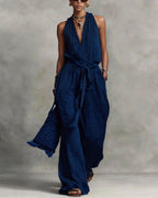 Vyla™ Deep V Halter Jumpsuit Adjustable Tie Waist Wide Leg Boho Resort Outfit
