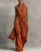 Vyla™ Deep V Halter Jumpsuit Adjustable Tie Waist Wide Leg Boho Resort Outfit